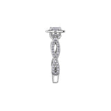 Crafted in 18kt Pure White™, this engagement ring features a diamond set emerald-shaped halo with an emerald-cut Canadian centre diamond. All on a diamond set infinity symbol-inspired band.