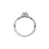 Crafted in 18kt Pure White™, this engagement ring features a diamond set emerald-shaped halo with an emerald-cut Canadian centre diamond. All on a diamond set infinity symbol-inspired band.