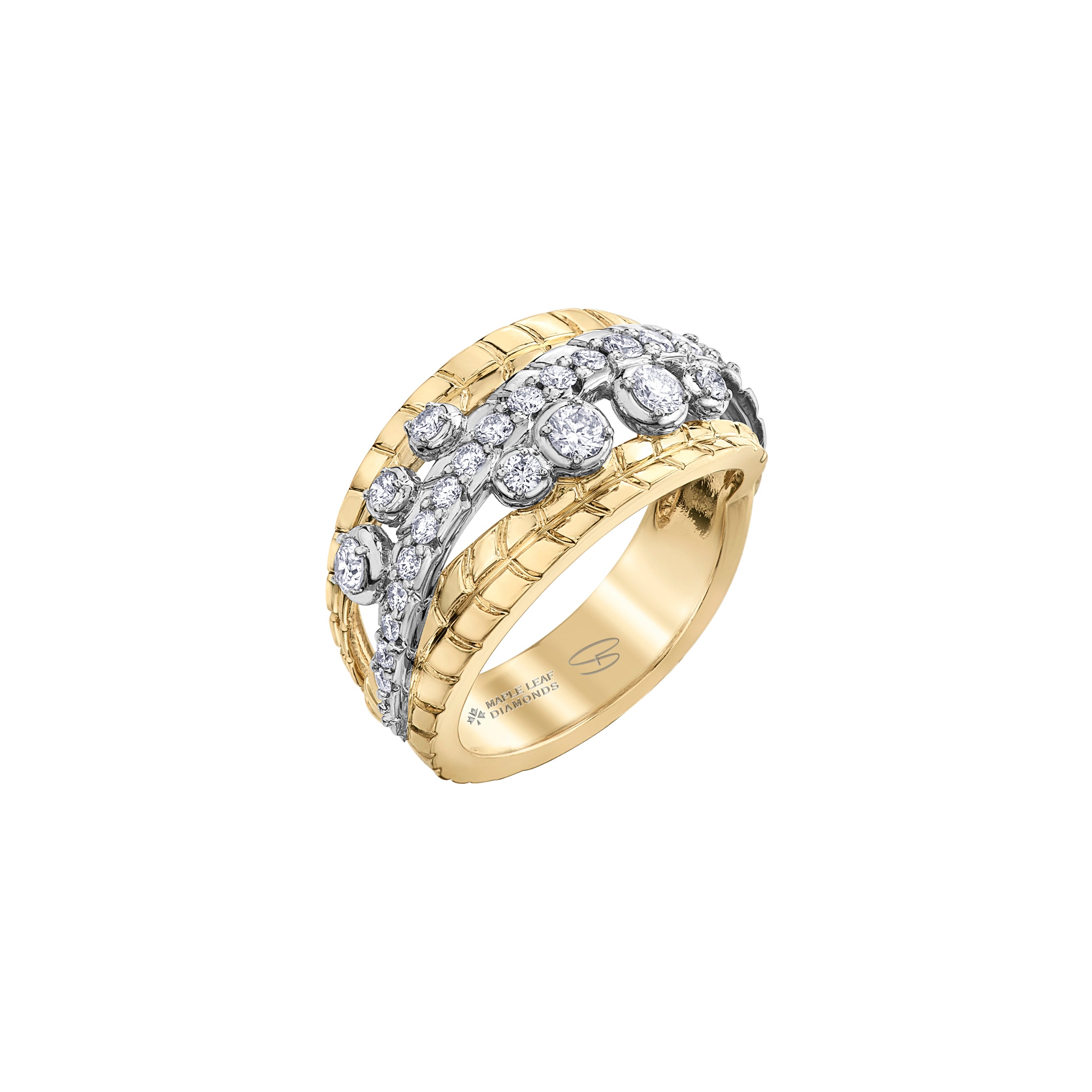 This ring features 14KT white Certified Canadian Gold set with a row of round brilliant-cut Canadian diamonds with accent Canadian diamonds, all between two 14KT yellow Certified Canadian Gold leaves.