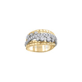 This ring features 14KT white Certified Canadian Gold set with a row of round brilliant-cut Canadian diamonds with accent Canadian diamonds, all between two 14KT yellow Certified Canadian Gold leaves.