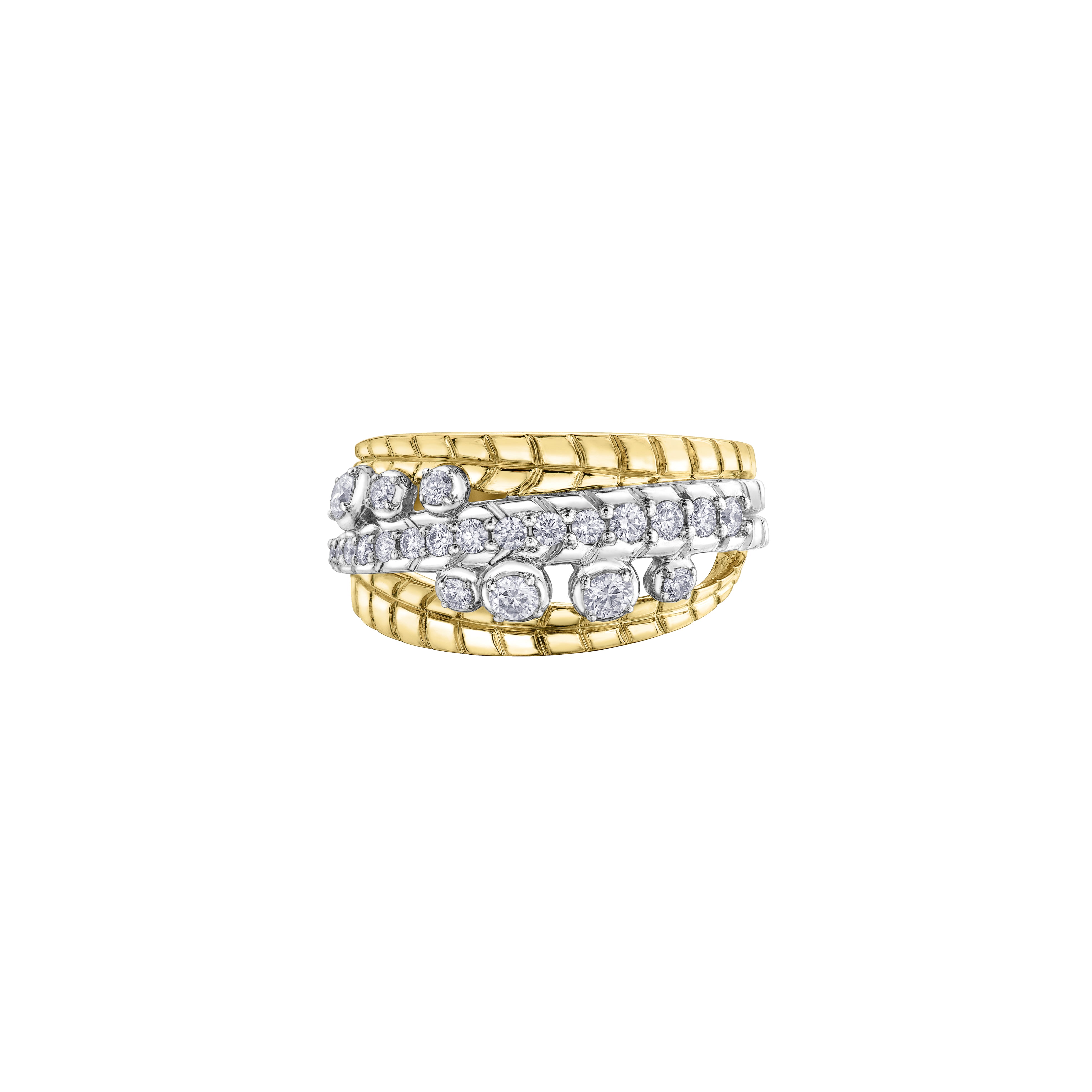 This ring features 14KT white Certified Canadian Gold set with a row of round brilliant-cut Canadian diamonds with accent Canadian diamonds, all between two 14KT yellow Certified Canadian Gold leaves.