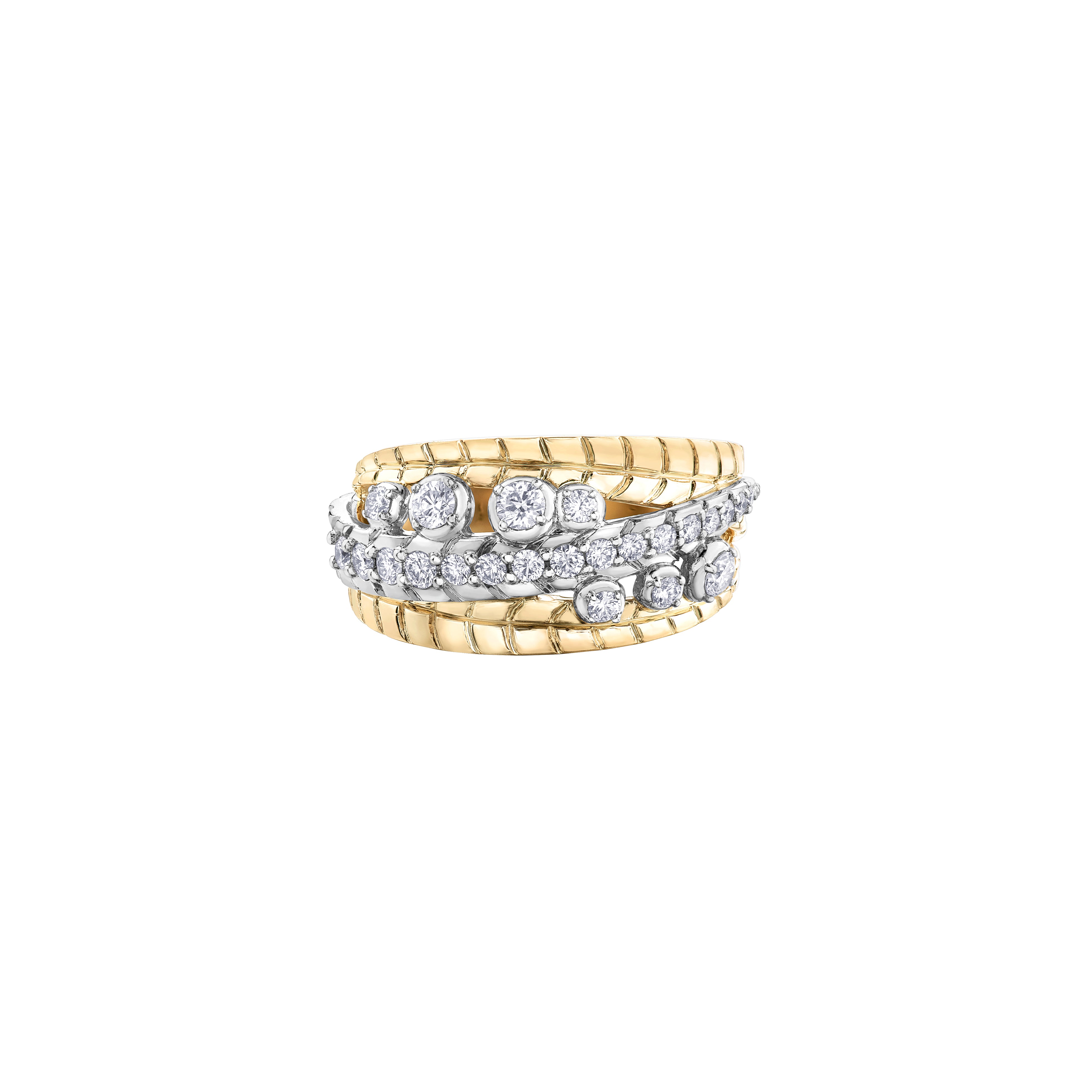 This ring features 14KT white Certified Canadian Gold set with a row of round brilliant-cut Canadian diamonds with accent Canadian diamonds, all between two 14KT yellow Certified Canadian Gold leaves.