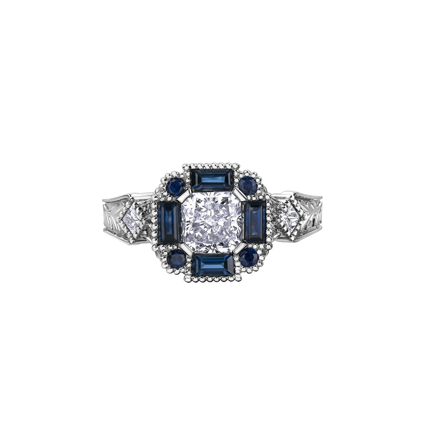 Crafted in 18KT Canadian Certified Gold, this ring features a radiant-cut Canadian diamond framed by round and baguette-cut blue sapphires on a frost-inspired hand engraved band.