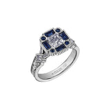 Crafted in 18KT Canadian Certified Gold, this ring features a radiant-cut Canadian diamond framed by round and baguette-cut blue sapphires on a frost-inspired hand engraved band.