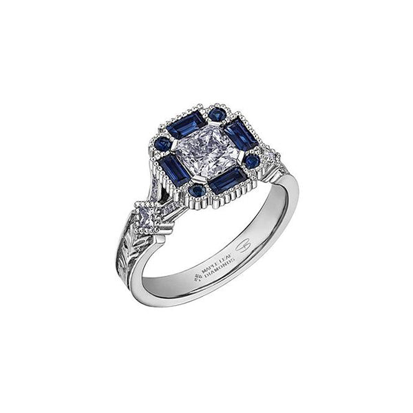Crafted in 18KT Canadian Certified Gold, this ring features a radiant-cut Canadian diamond framed by round and baguette-cut blue sapphires on a frost-inspired hand engraved band.