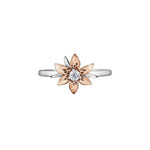 Crafted in 14KT white and rose Certified Canadian Gold, this ring features a Saskatchewan western red lily flower set with a round brilliant-cut Canadian diamond