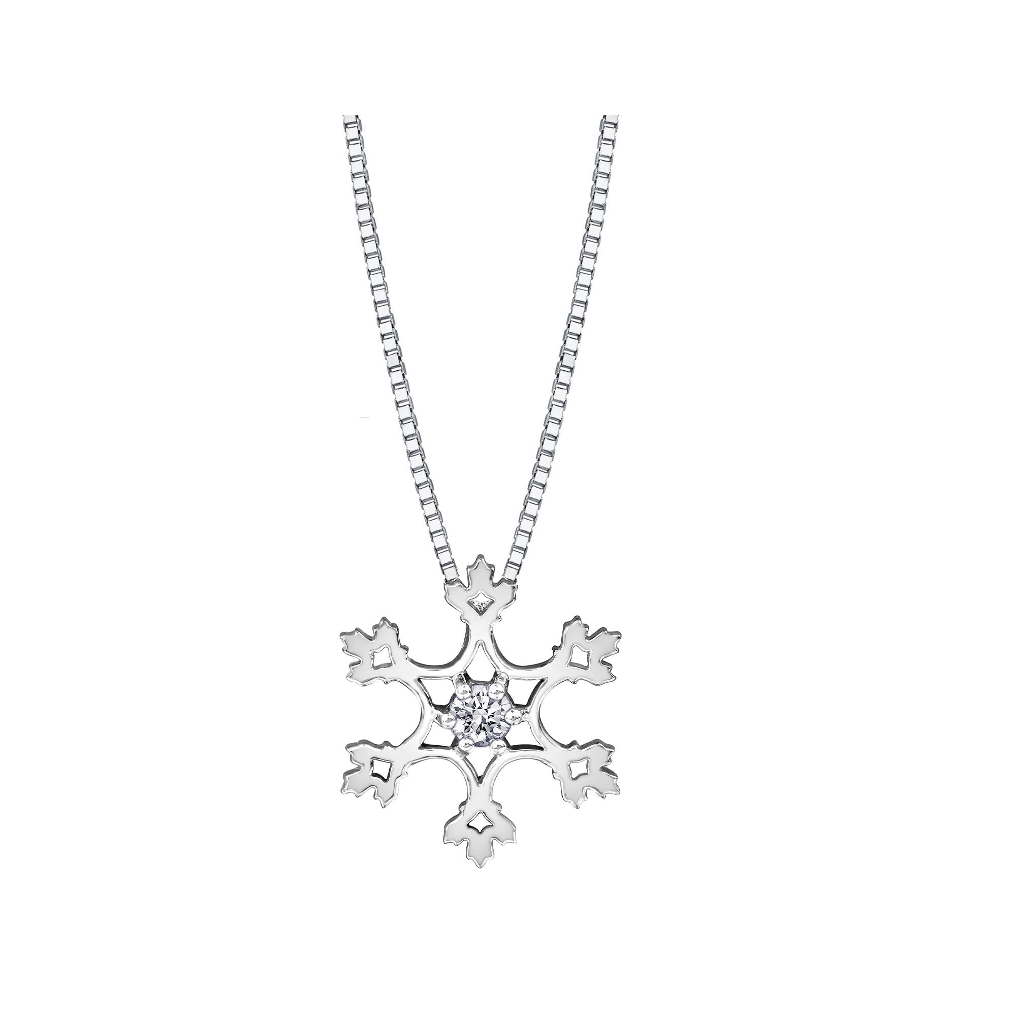 Crafted in 14KT white Canadian Certified Gold, this necklace features a small snowflake pendant with a round brilliant-cut Canadian centre diamond.