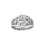 Crafted in 14KT white Certified Canadian Gold, this ring features swirl patterns set with round brilliant-cut Canadian diamonds.