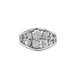 Crafted in 14KT white Certified Canadian Gold, this ring features swirl patterns set with round brilliant-cut Canadian diamonds.