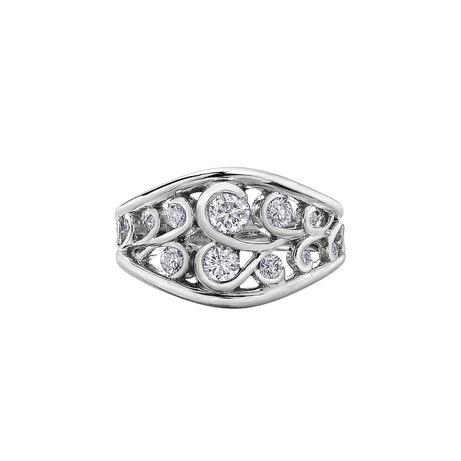 Crafted in 14KT white Certified Canadian Gold, this ring features swirl patterns set with round brilliant-cut Canadian diamonds.