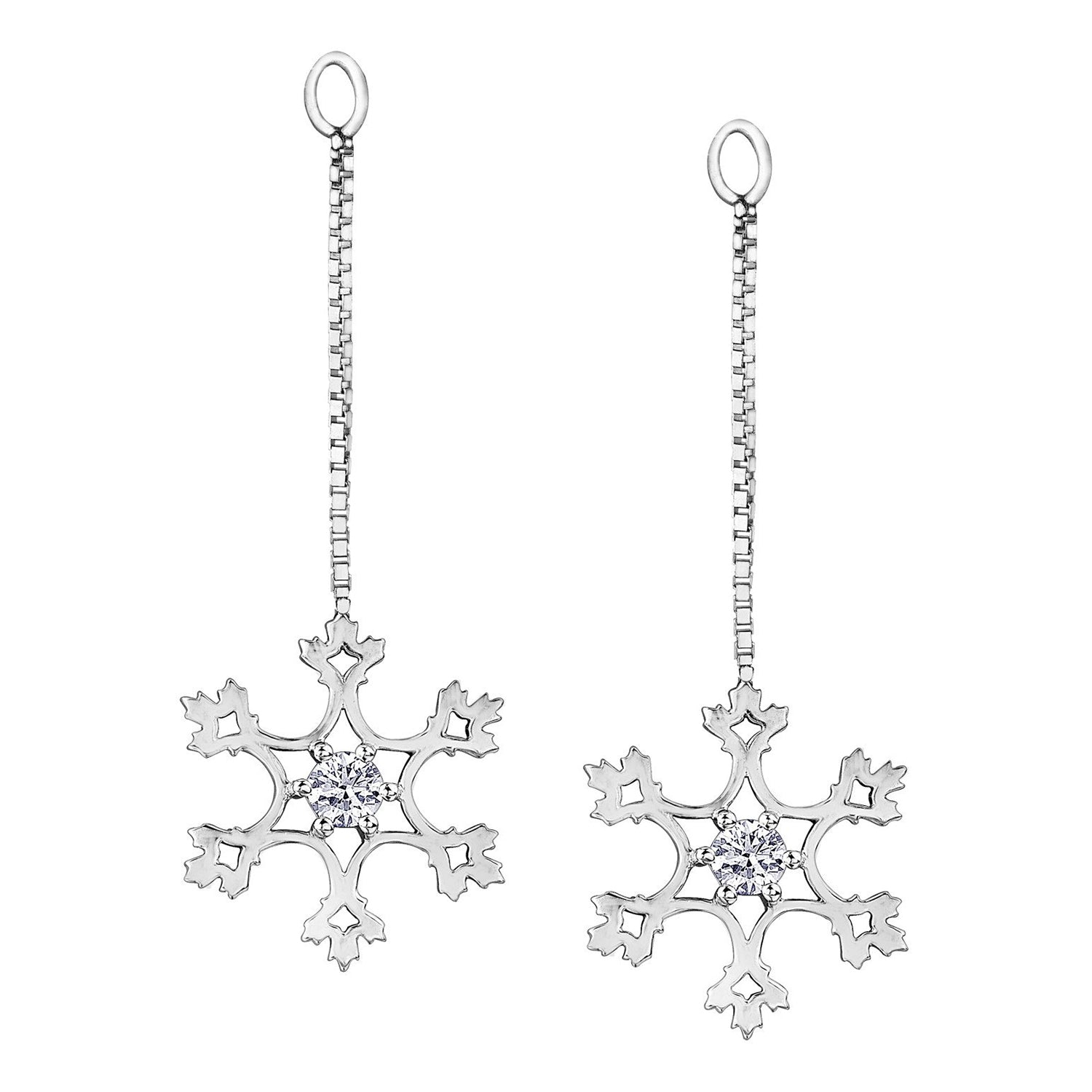 Crafted in 14KT white Canadian Certified Gold, these snowflake earring jackets have round brilliant-cut Canadian diamonds.