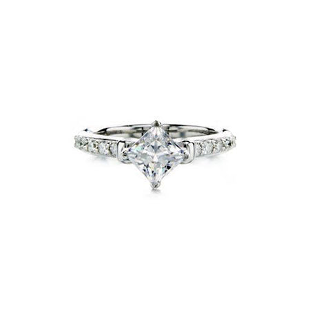 Crafted in 14KT white gold, this ring features a princess-cut centre diamond on a diamond-set band.