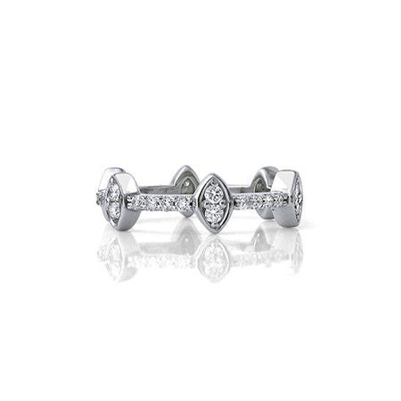 Crafted in 14KT white gold, this ring features 12 round brilliant-cut diamonds sparkling from 6 marquise settings spaced evenly apart on a diamond set band.
