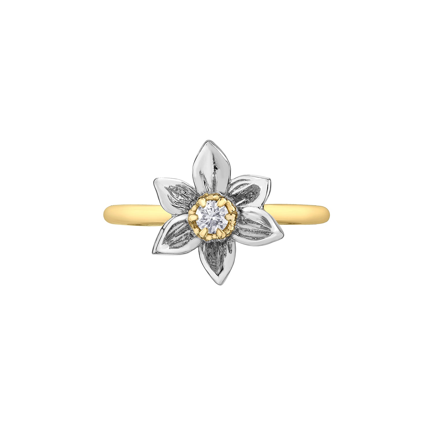 Crafted in 14KT white and yellow Certified Canadian Gold, this ring features a Manitoba prairie crocus flower set with a round brilliant-cut Canadian diamond