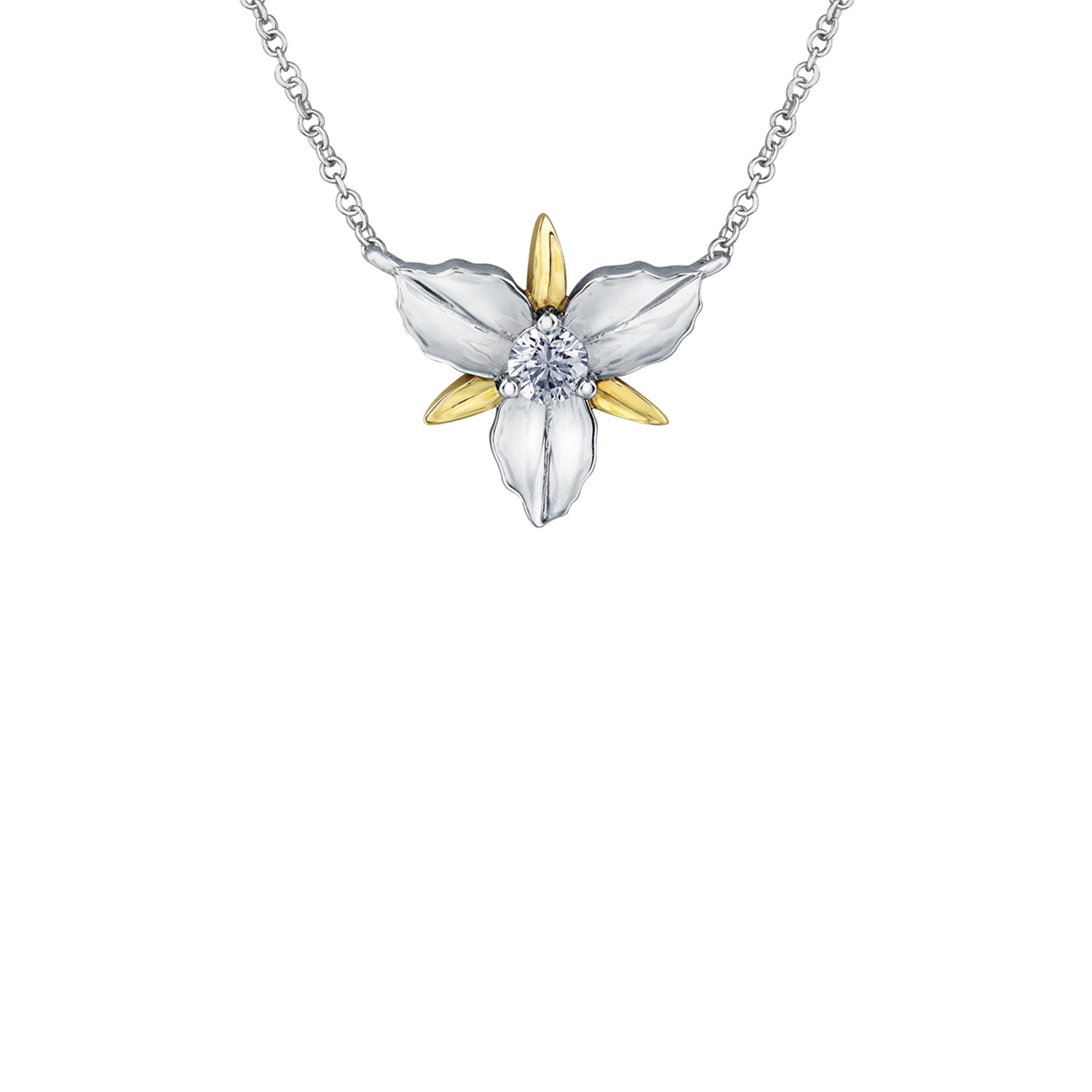 Crafted in 14KT white and yellow Certified Canadian Gold, this necklace features an Ontario trillium flower set with a round brilliant-cut Canadian diamond