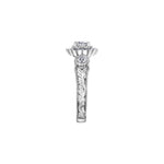 Crafted in 18KT white Canadian Certified Gold, this ring features a regal blue sapphire halo with a round brilliant-cut Canadian centre diamond on a frost-inspired hand engraved band.