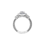Crafted in 18KT white Canadian Certified Gold, this ring features a regal blue sapphire halo with a round brilliant-cut Canadian centre diamond on a frost-inspired hand engraved band.