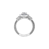 Crafted in 18KT white Canadian Certified Gold, this ring features a regal blue sapphire halo with a round brilliant-cut Canadian centre diamond on a frost-inspired hand engraved band.