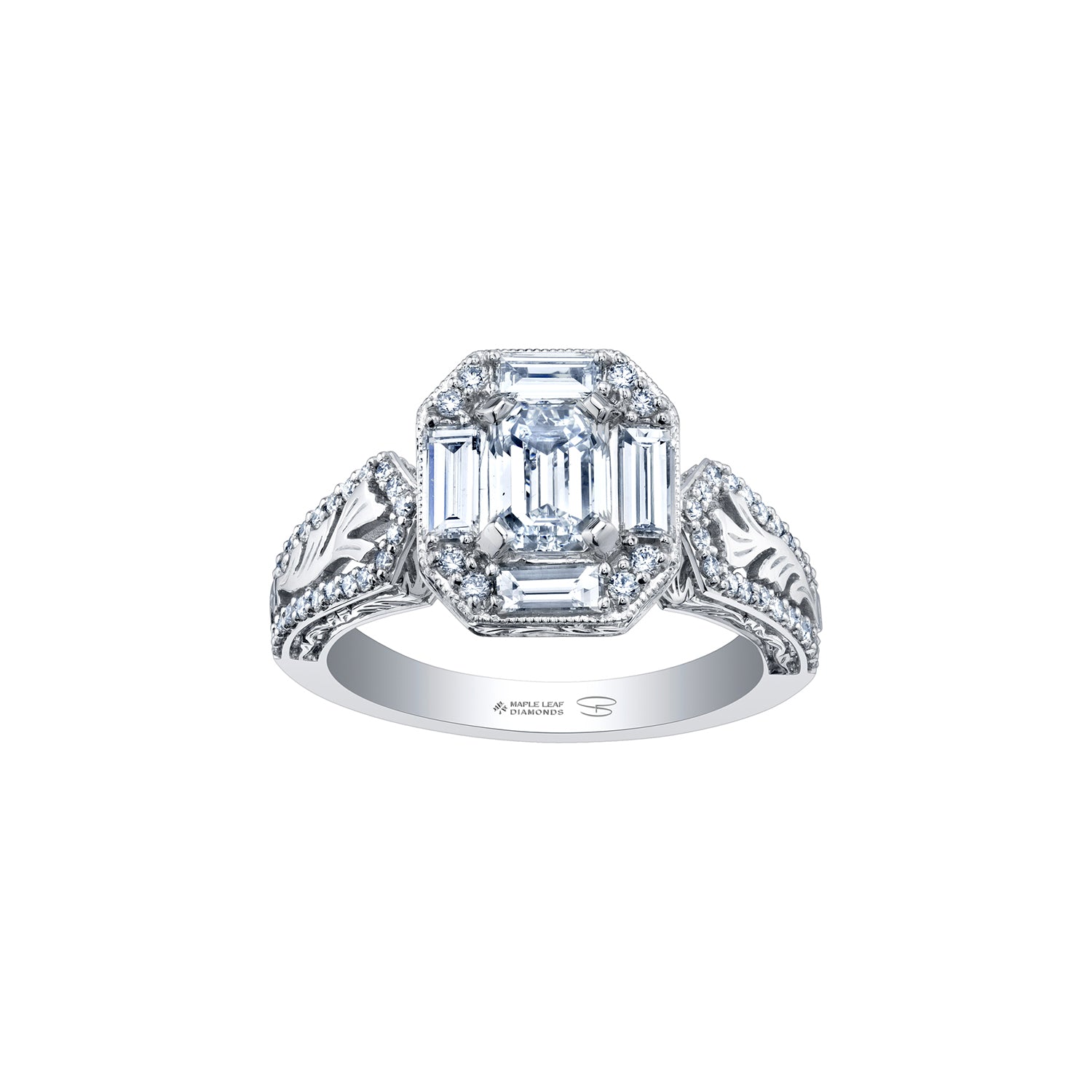 Crafted in 18kt Pure White™, this ring features an emerald-cut Canadian centre diamond framed by round and baguette-cut diamonds on a frost-inspired hand engraved band with a blue sapphire detail.