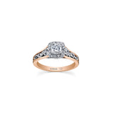 Crafted in 18KT white and rose Certified Canadian Gold, this engagement ring features a diamond halo with a cushion-cut Canadian centre diamond on a diamond set band with a rose vine design.