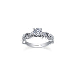 Crafted in white 18KT Canadian Certified Gold, this ring features a diamond set rose vine band cradling a round brilliant-cut Canadian centre diamond.