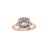 Crafted in rose and white 14KT Candian Certified Gold, this ring features a rose vine design set with round brilliant-cut Canadian diamonds in a frame setting. 