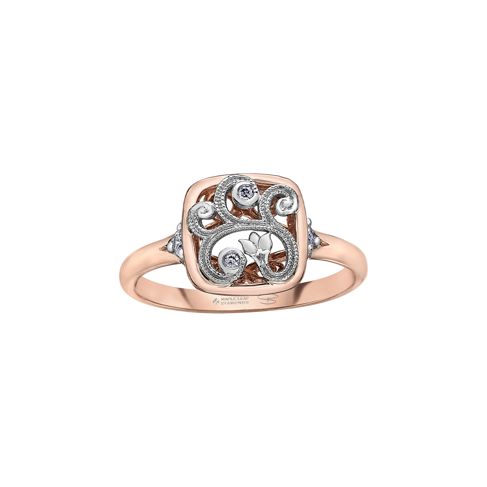 Crafted in rose and white 14KT Candian Certified Gold, this ring features a rose vine design set with round brilliant-cut Canadian diamonds in a frame setting.