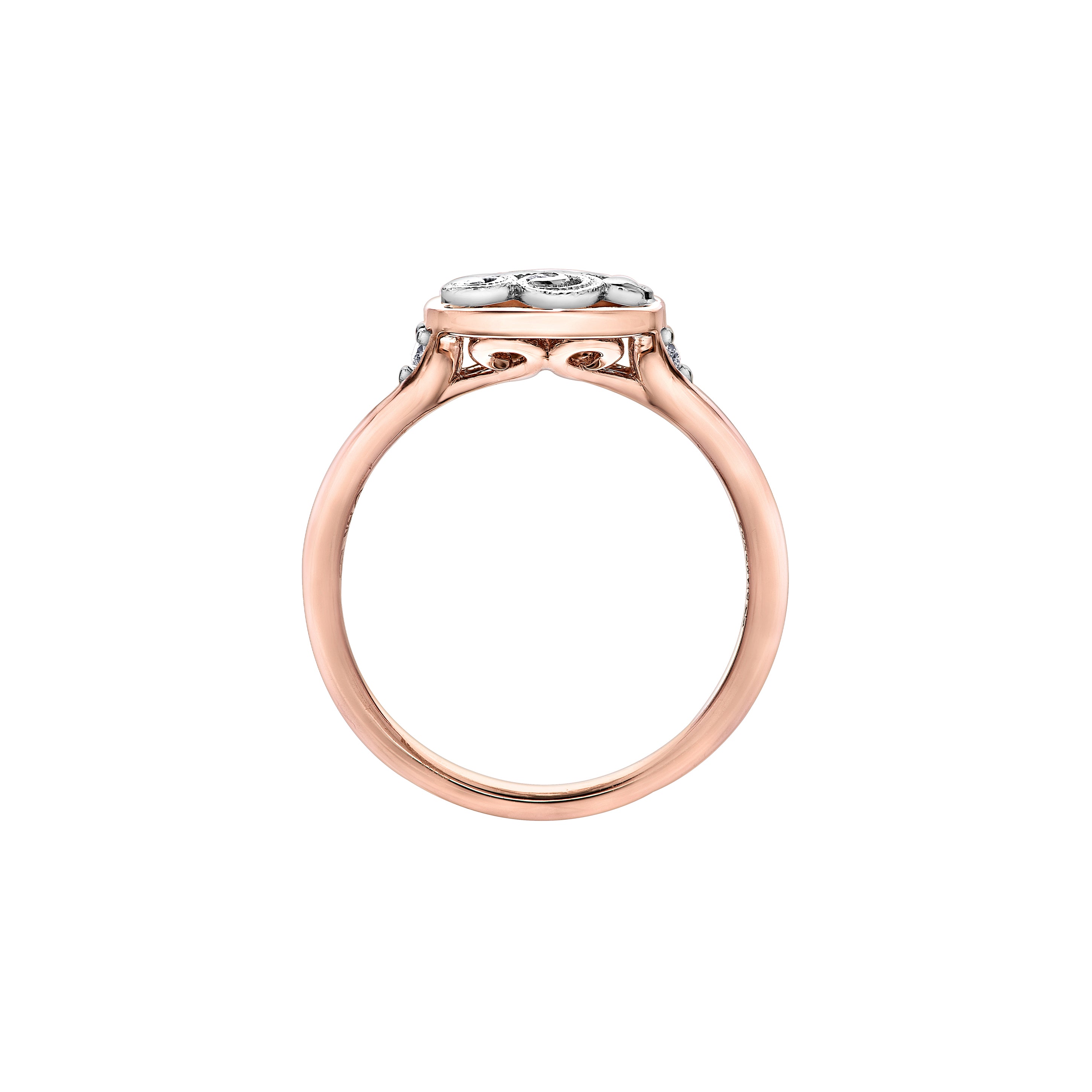 Crafted in rose and white 14KT Candian Certified Gold, this ring features a rose vine design set with round brilliant-cut Canadian diamonds in a frame setting.