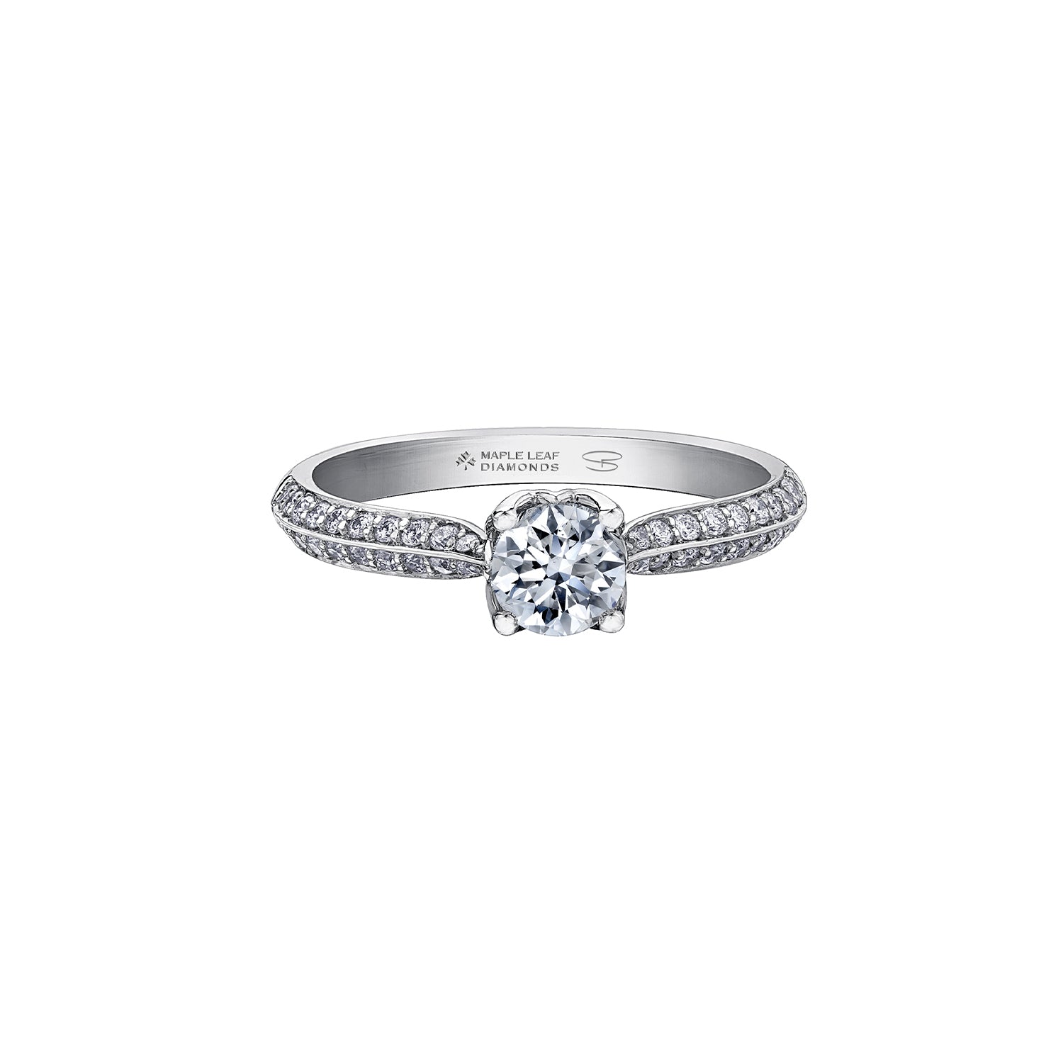 Crafted in 18kt Pure White™, this engagement ring features a round brilliant-cut Canadian diamond cradled by 4-petal water lily flower on a diamond set band.