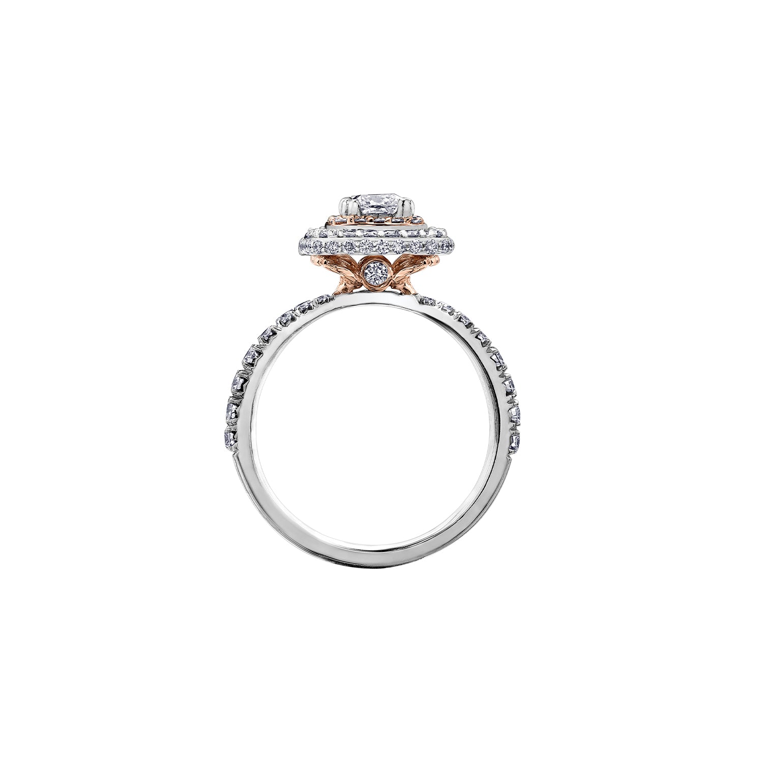 Crafted in 18KT rose and white Certified Canadian Gold, this ring features a diamond set double halo with a cushion-cut Canadian centre diamond. Diamond set band and has hidden maple leaf details.