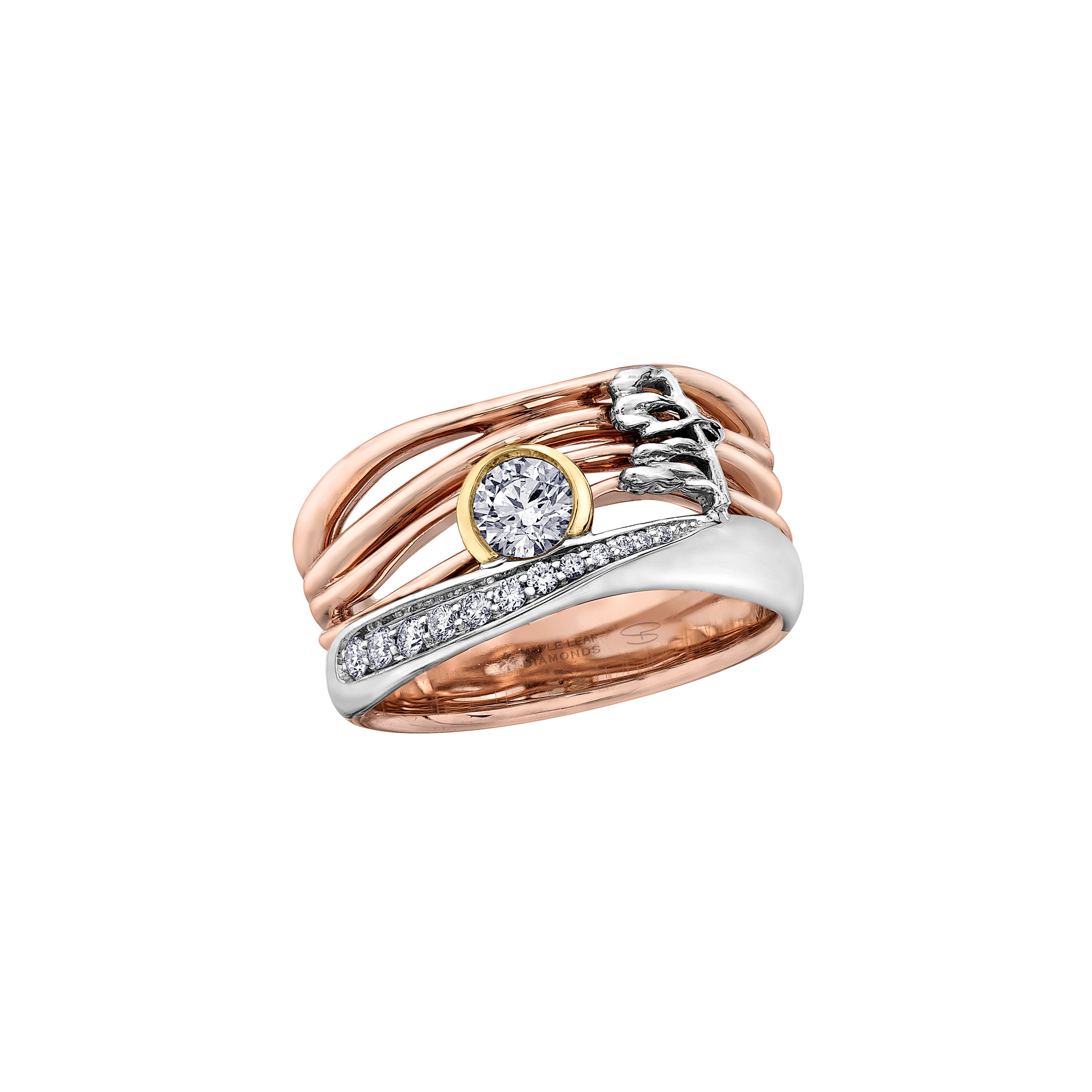 Crafted in 14KT rose, white, and yellow Certified Canadian Gold, this ring features a sunset scene with a round brilliant-cut Canadian diamond sun, diamond set lake, and Group of Seven inspired tree.