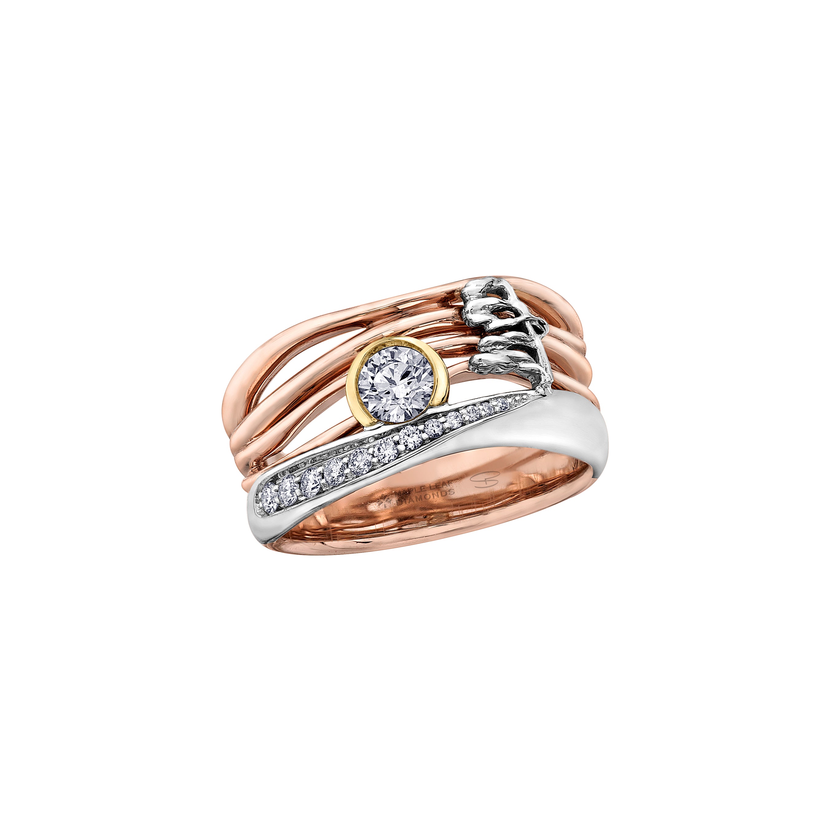 Crafted in 14KT rose, white, and yellow Certified Canadian Gold, this ring features a sunset scene with a round brilliant-cut Canadian diamond sun, diamond set lake, and Group of Seven inspired tree. 