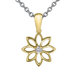 Crafted in 14KT Certified Canadian Gold, this necklace features a water lily pendant with a round brilliant-cut centre diamond.