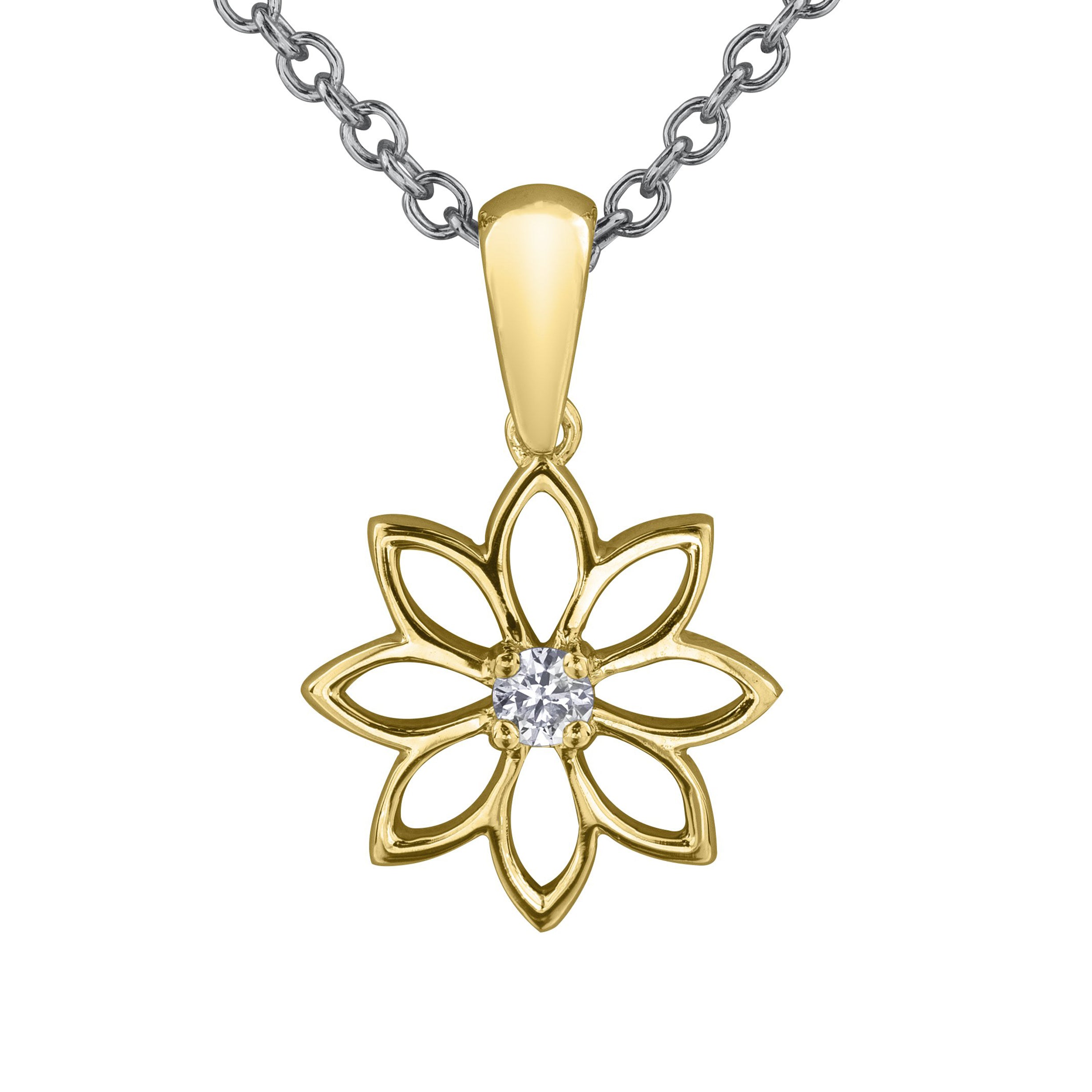 Crafted in 14KT Certified Canadian Gold, this necklace features a water lily pendant with a round brilliant-cut centre diamond.