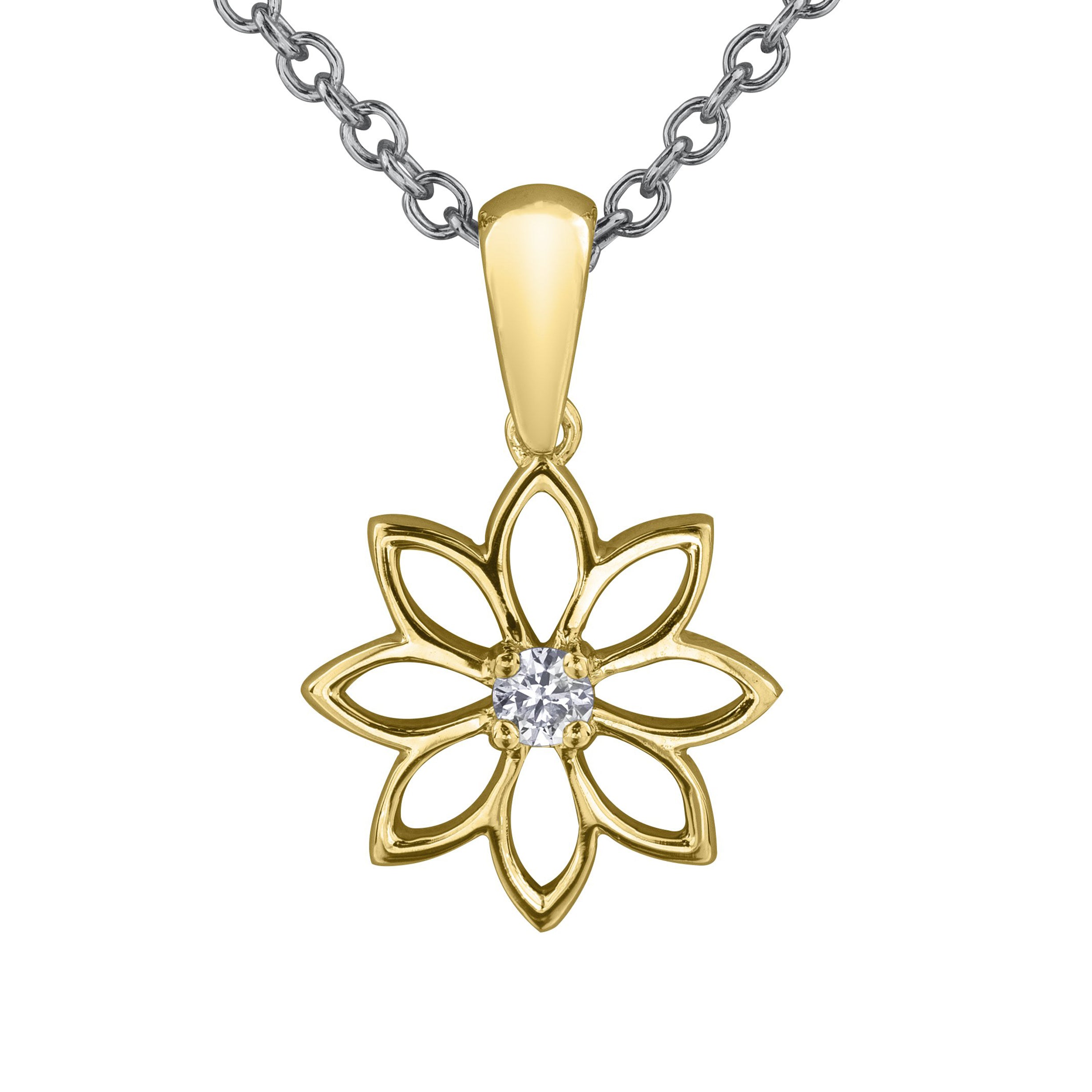 Crafted in 14KT Certified Canadian Gold, this necklace features a water lily pendant with a round brilliant-cut centre diamond. 