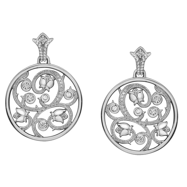 Crafted in white 14KT Canadian Certified Gold, these earrings feature a rose vine design set with round brilliant-cut Canadian diamonds
