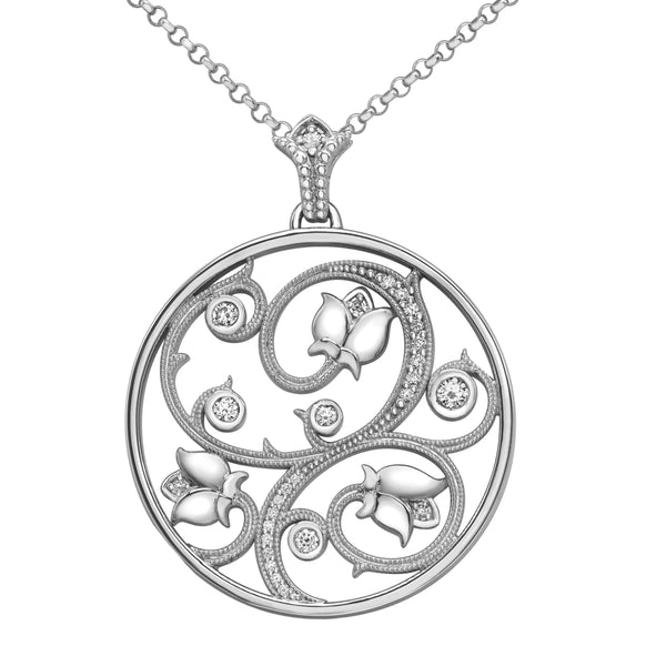 Crafted in white 14KT Canadian Certified Gold, this necklace features a pendant with a round brilliant-cut Canadian diamond set rose vine design.
