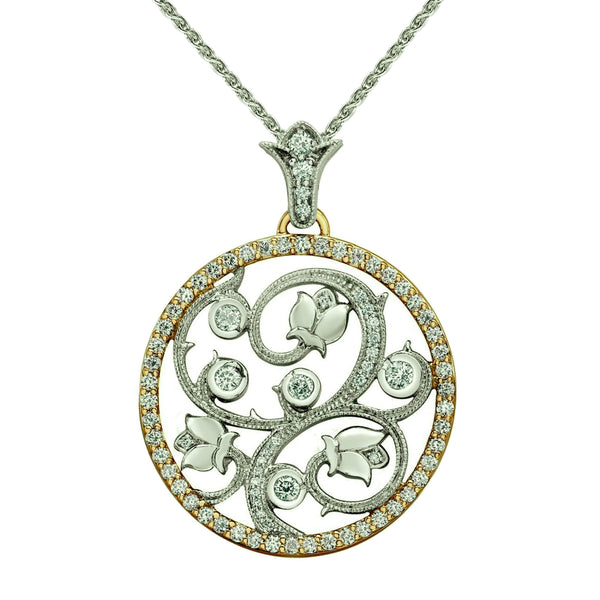 Crafted in yellow and white 14KT Canadian Certified Gold, this necklace features a pendant with round brilliant-cut Canadian diamond set rose vine design and a diamond set rim