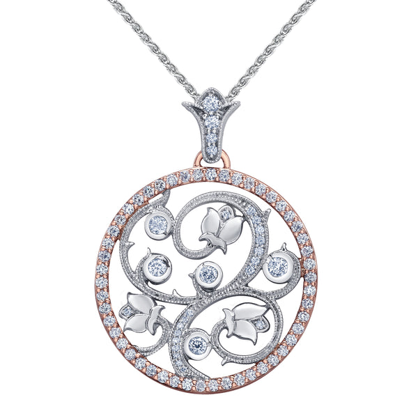 Crafted in rose and white 14KT Canadian Certified Gold, this necklace features a pendant with round brilliant-cut Canadian diamond set rose vine design and a diamond set rim