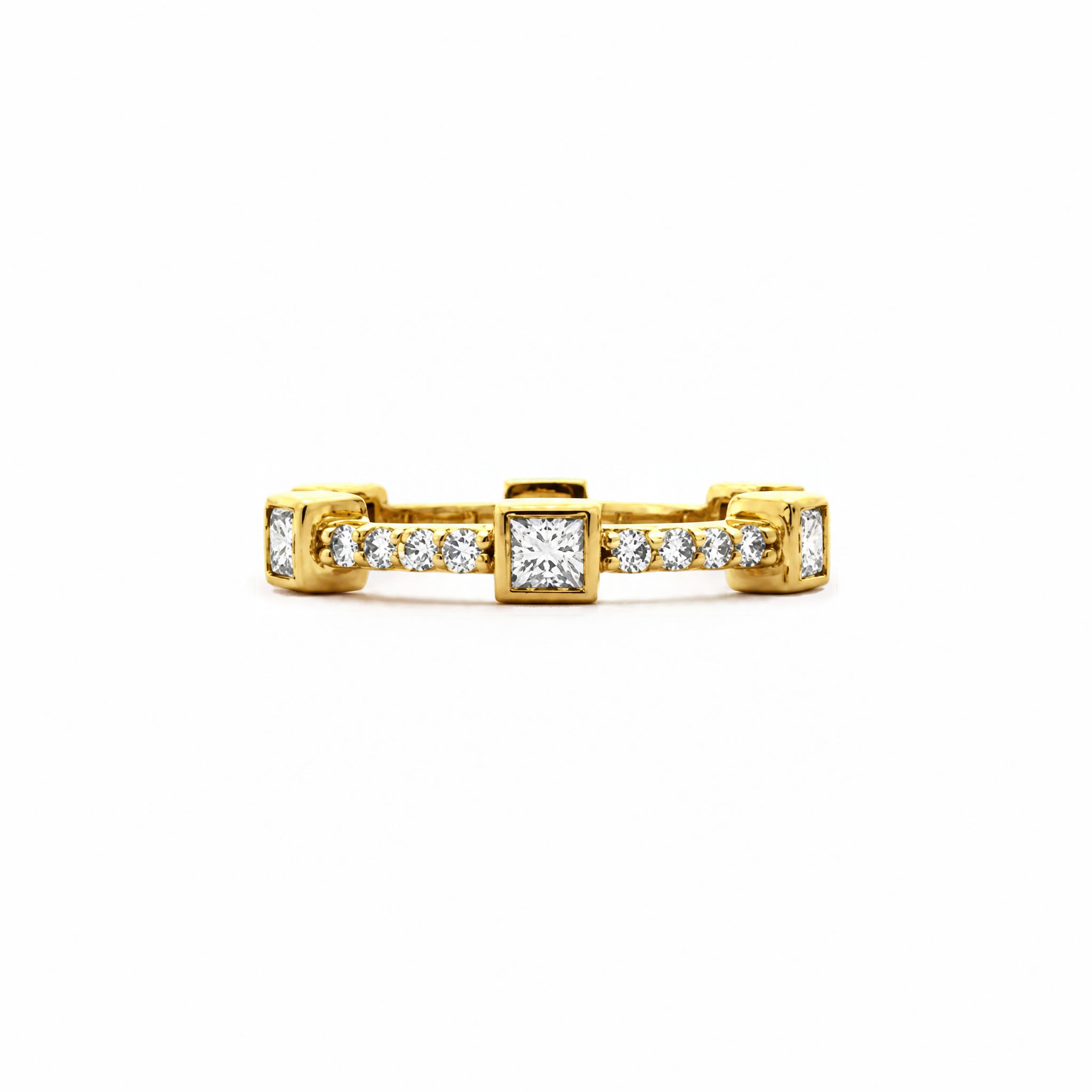 Crafted in 14KT gold, this ring features six princess-cut diamonds evenly spaced apart on a diamond set band. 