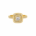 Crafted in 18KT Certified Canadian Gold, this ring features a diamond set double halo with a cushion-cut Canadian centre diamond. Diamond set band and has hidden maple leaf details.