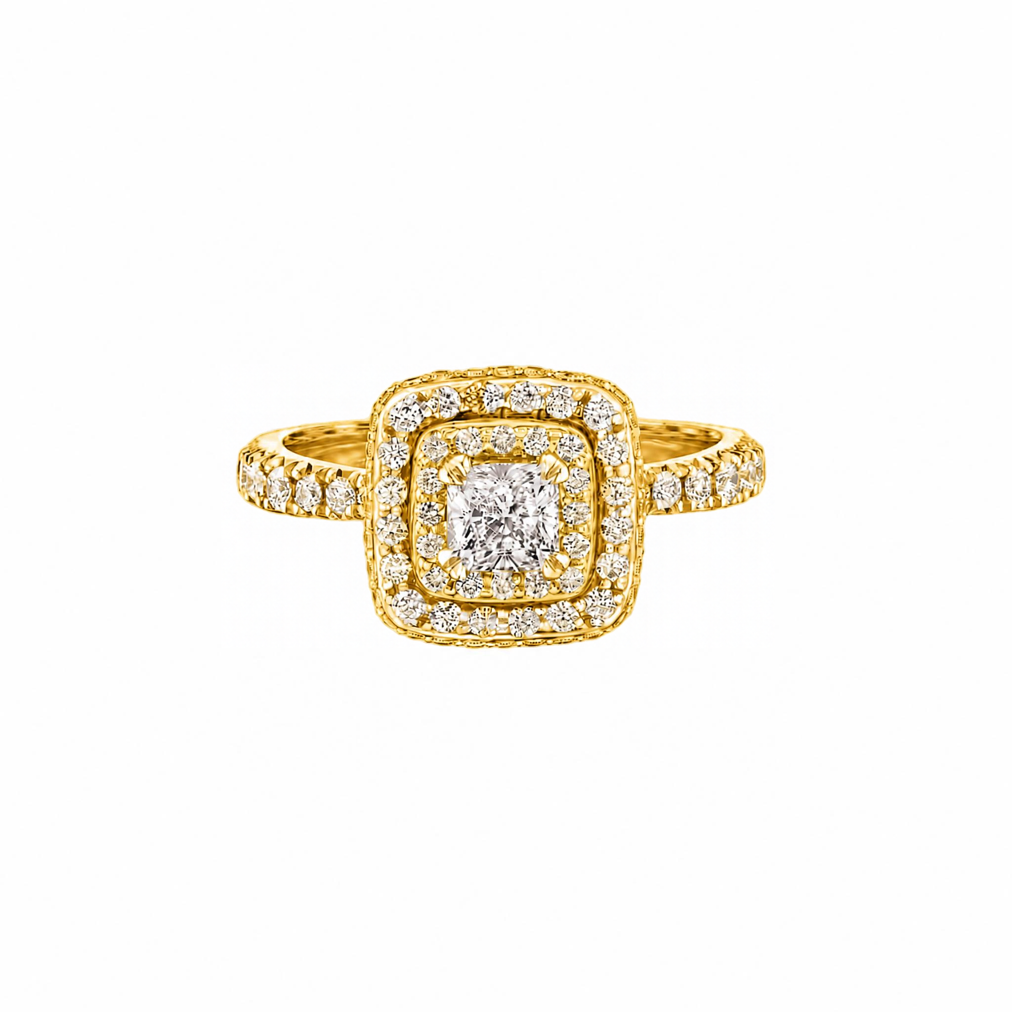 Crafted in 18KT Certified Canadian Gold, this ring features a diamond set double halo with a cushion-cut Canadian centre diamond. Diamond set band and has hidden maple leaf details.