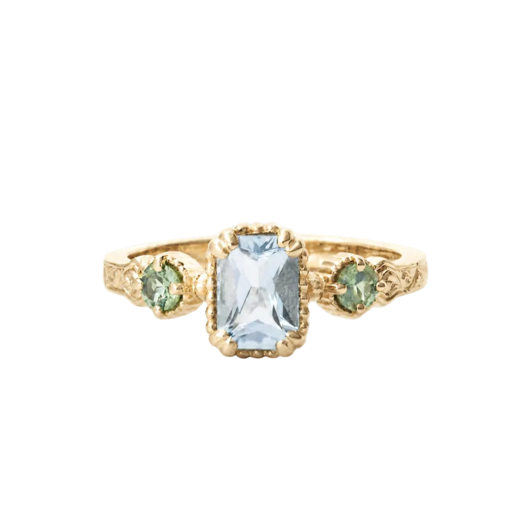 14kt gold vintage-style ring with emerald-cut aquamarine centre and two round alexandrite gemstones, featuring hand-engraved details.