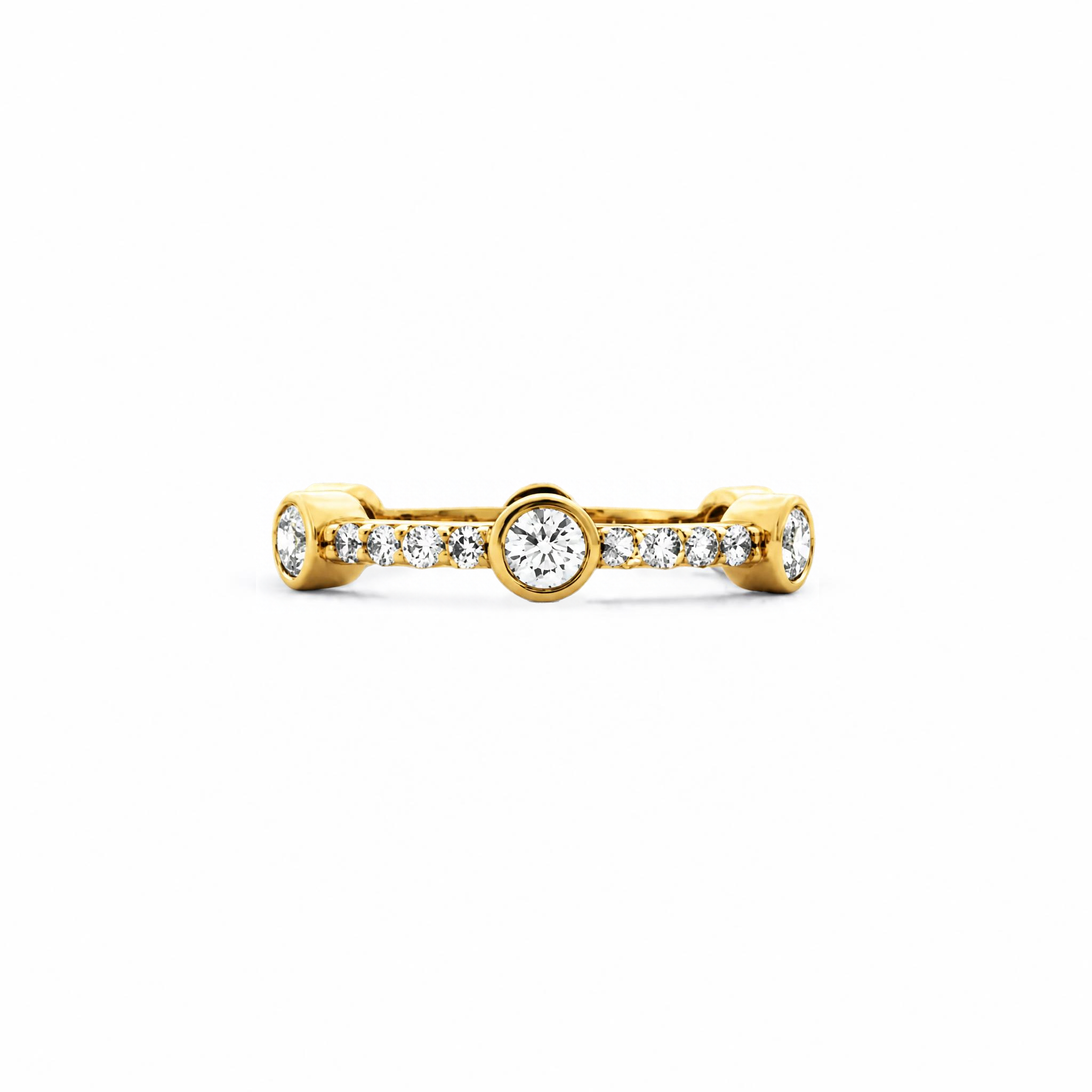 Crafted in 14KT gold, this ring features six round brilliant-cut diamonds evenly spaced apart on a diamond set band. 