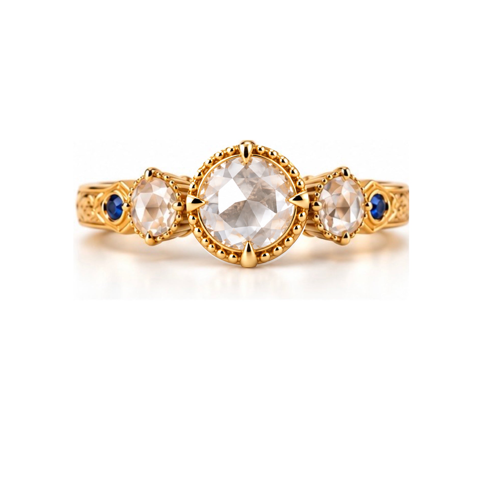 A yellow gold three-stone ring featuring a large oval clear gemstone in the center, flanked by two smaller oval clear gemstones, with small round blue accent gems on the band, set against a plain white background.
