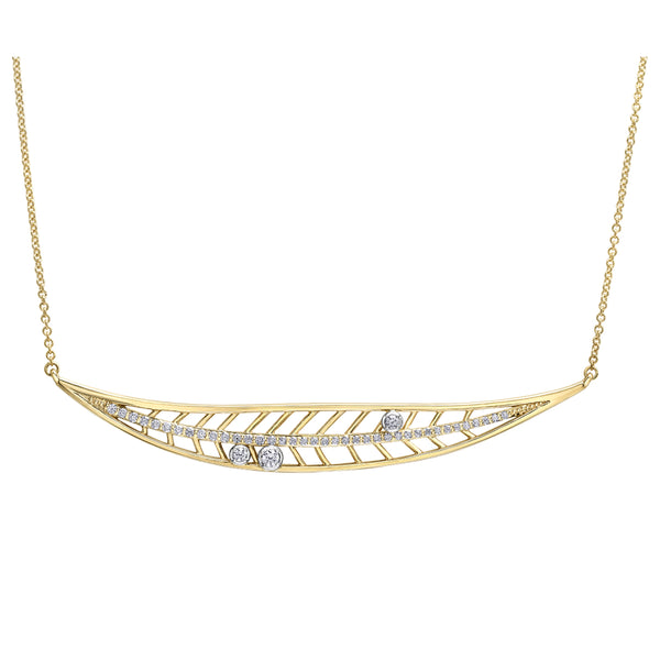 Crafted in 14KT yellow Canadian Certified Gold, this necklace features a willow tree leaf set with round brilliant-cut Canadian diamonds