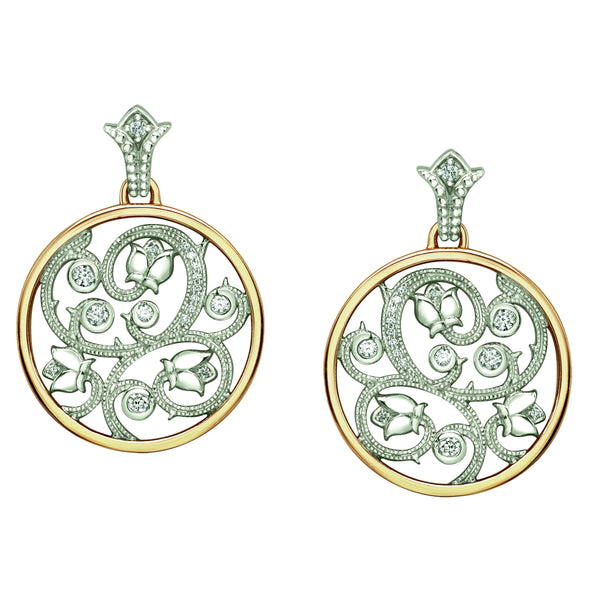Crafted in yellow and white 14KT Canadian Certified Gold, these earrings feature a rose vine design set with round brilliant-cut Canadian diamonds