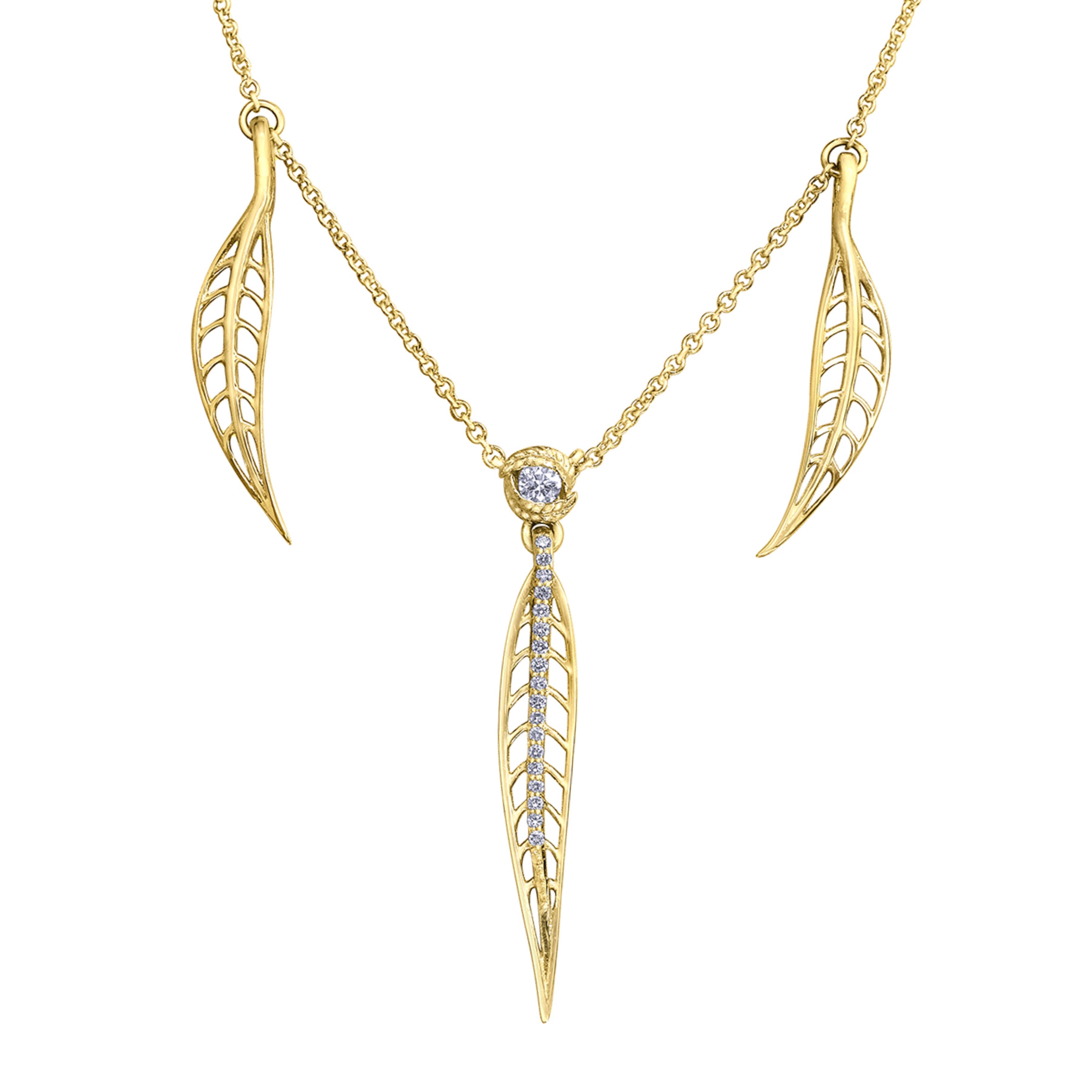 Crafted in 14KT yellow Canadian Certified Gold, this necklace features a round brilliant-cut Canadian diamond and three diamond-set willow tree leaves.