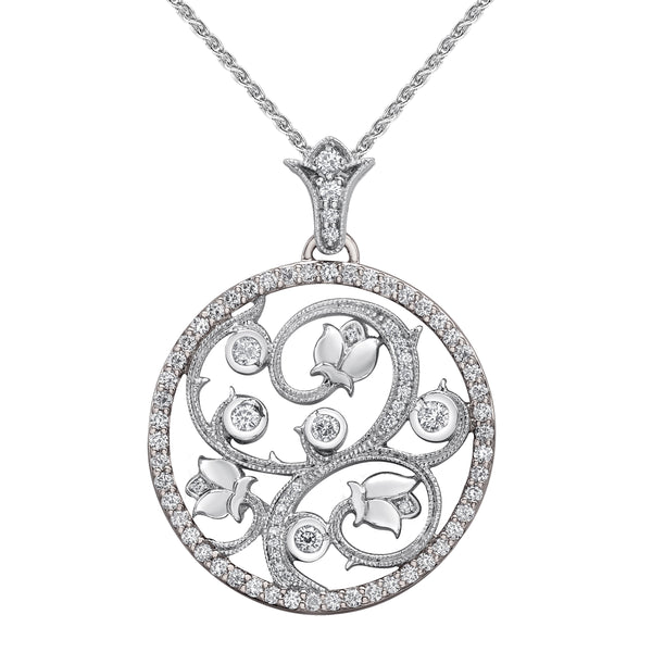Crafted in white 14KT Canadian Certified Gold, this necklace features a pendant with round brilliant-cut Canadian diamond set rose vine design and a diamond set rim