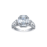18k white and yellow gold ring with emerald-cut Canadian diamond, frost engravings, diamond halo, and blue sapphire.